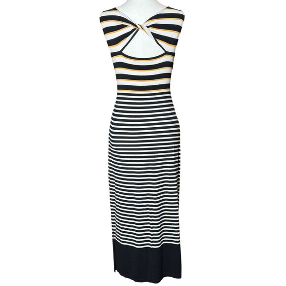 Loft Womens Size XS Striped Maxi Dress Black Yellow White Summer Beach Stretch - Picture 3 of 8